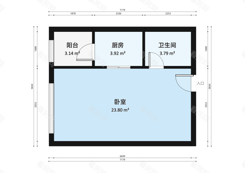 蓝钻双子座楼小区1室1厅户型图2
