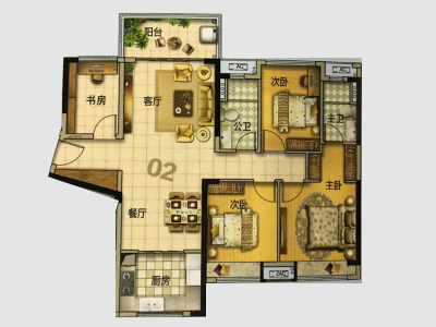 美的花湾城小区3室2厅2卫户型图2