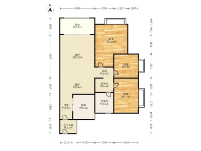 时代水岸小区3室2厅1卫户型图3