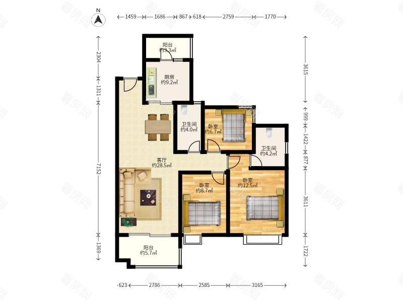 保利时代小区3室2厅2卫户型图15