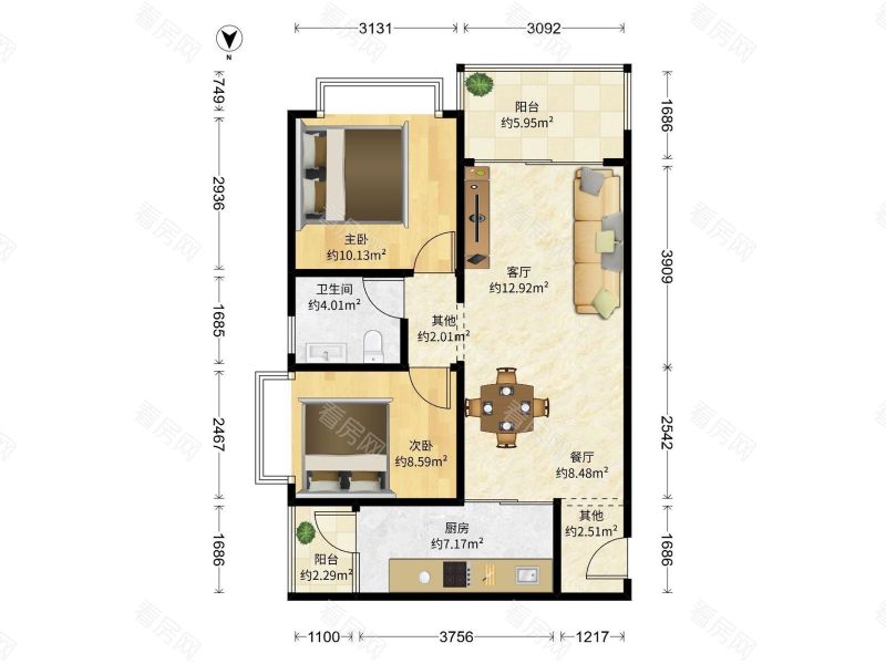 京基天珺府 3室2厅 51㎡ 精装_京基天珺府二手房户型图片7